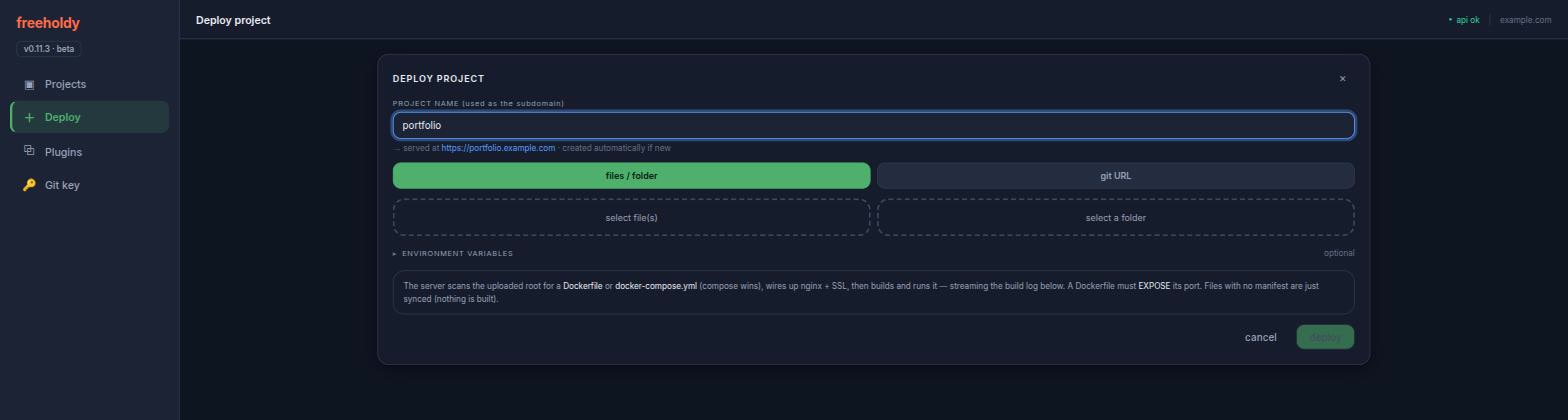 The web UI deploy form on the files / folder tab, with a project name typed in and the subdomain it will be served at shown below the field.