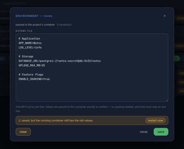 The environment dialog for a project: a dotenv text area holding commented KEY=value lines, and an amber banner reading that the file is saved but the running container still has the old values, with a restart now button.