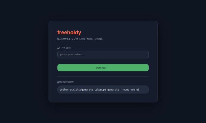 The web UI login screen: a single API token field and a connect button.