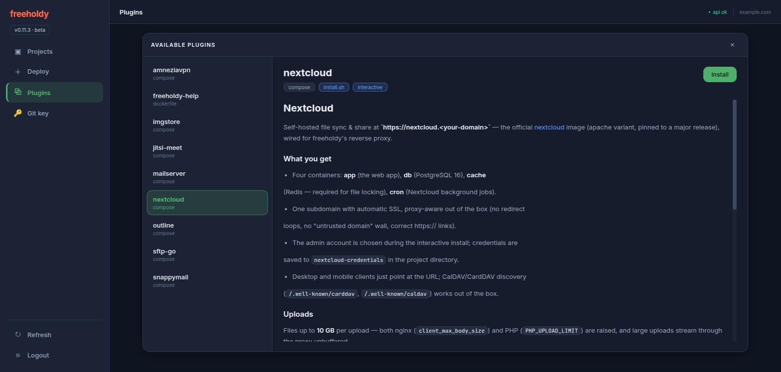 The web UI plugin catalog: a list of plugin names on the left, and the selected plugin's long-form description on the right with an install button.